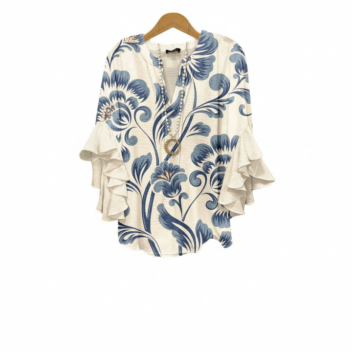 Dames blouse met V-hals en elegante volantmouwen, perfect voor een modieuze look.