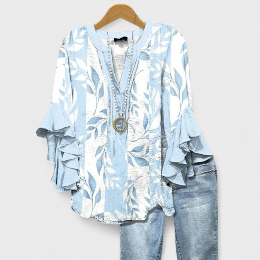 Elegante damesblouse met V-hals, modieuze volantmouwen, veelzijdig voor elke gelegenheid.