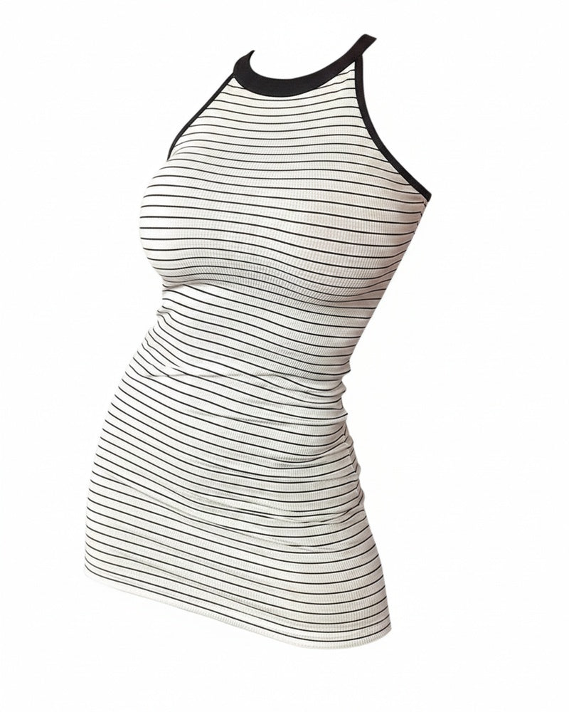 Dames bodycon mini jurk met halternek en trendy streepprint, perfect voor zomerse dagen.