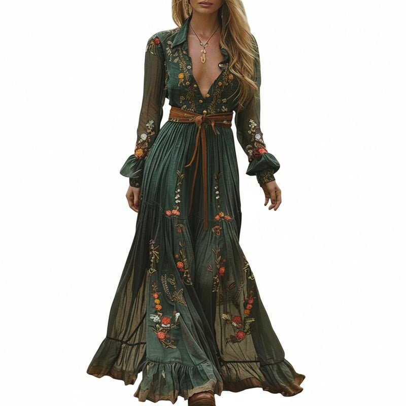 Dames boho maxi jurk met levendige bloemenprint, lange mouwen en diepe V-hals. Ideaal voor zomer & festival.