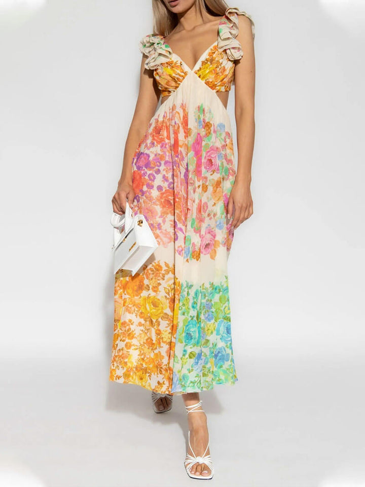 Vrolijke dames maxi jurk met unieke meerkleurige boho print en comfortabele, vloeiende stof.