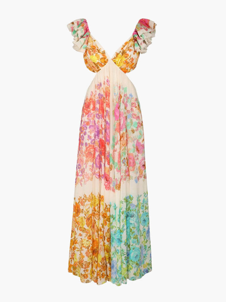 Stijlvolle dames bohemian maxi jurk met kleurrijke print, diepe V-hals en open rug detail. Perfecte strandjurk.
