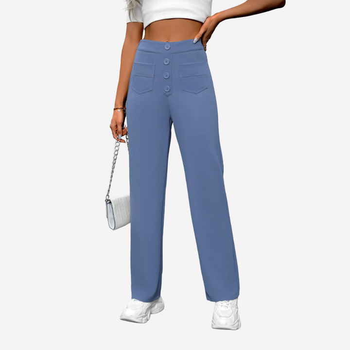 "Dames broek met hoge taille, rechte pijpen en stijlvolle pasvorm, ideaal voor casual of semi-formele looks."