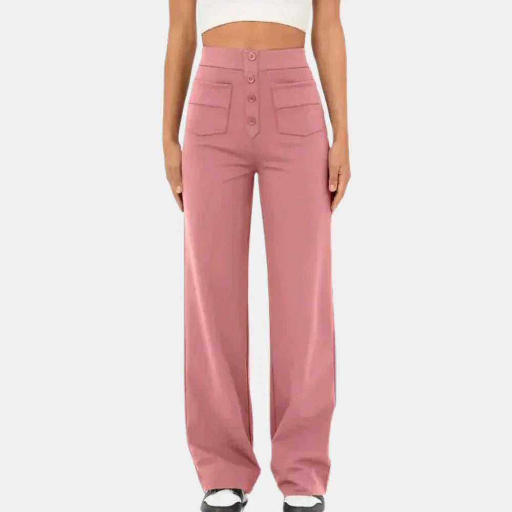 "Dames broek met hoge taille, rechte pijpen en stijlvolle pasvorm, ideaal voor casual of semi-formele looks."