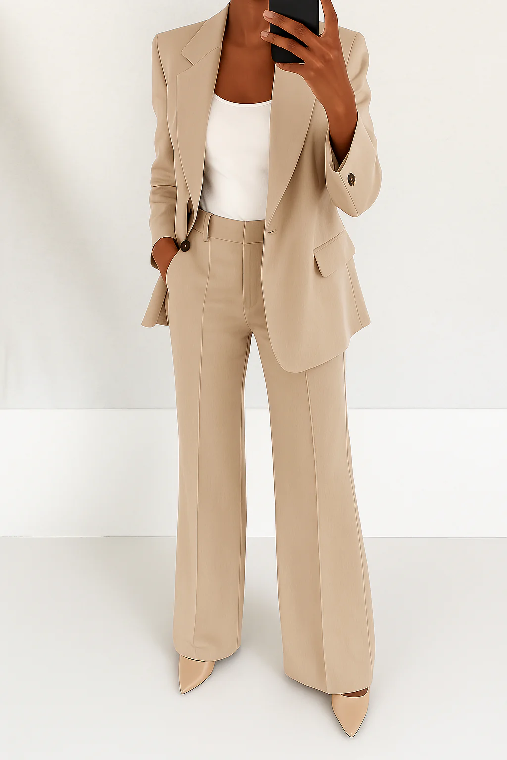 Chique dames blazer set met lange wide leg broek, geschikt als formeel outfit of kantoorkleding.