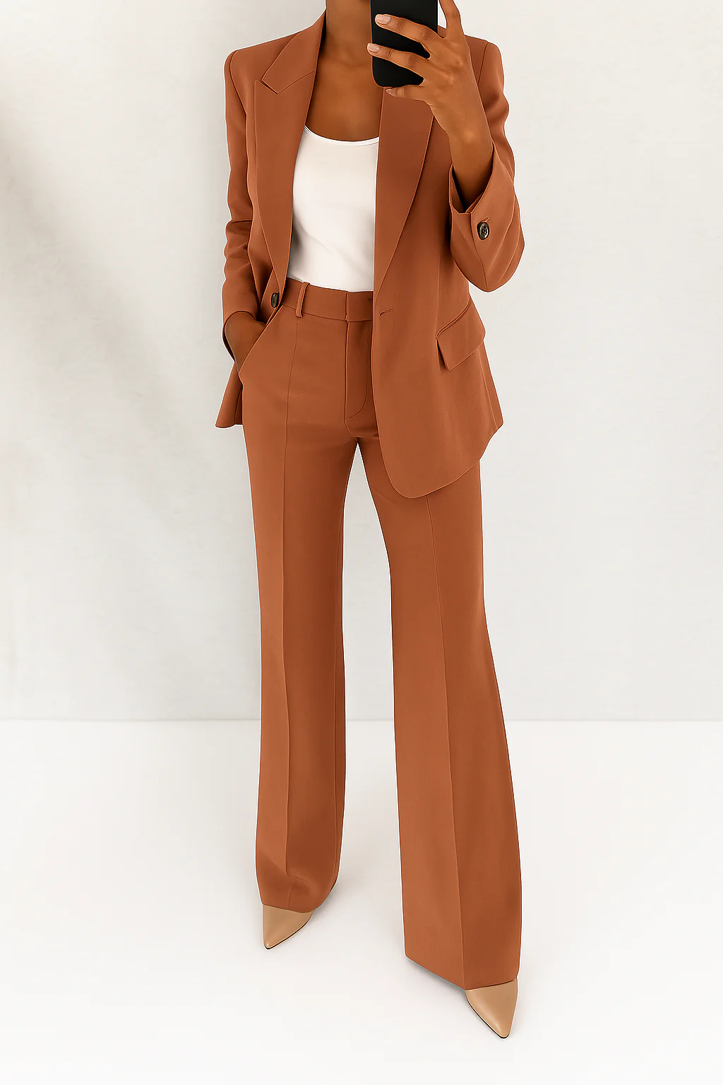 Elegant dames tweedelig pak: blazer en hoge taille wide leg broek voor een professionele uitstraling.