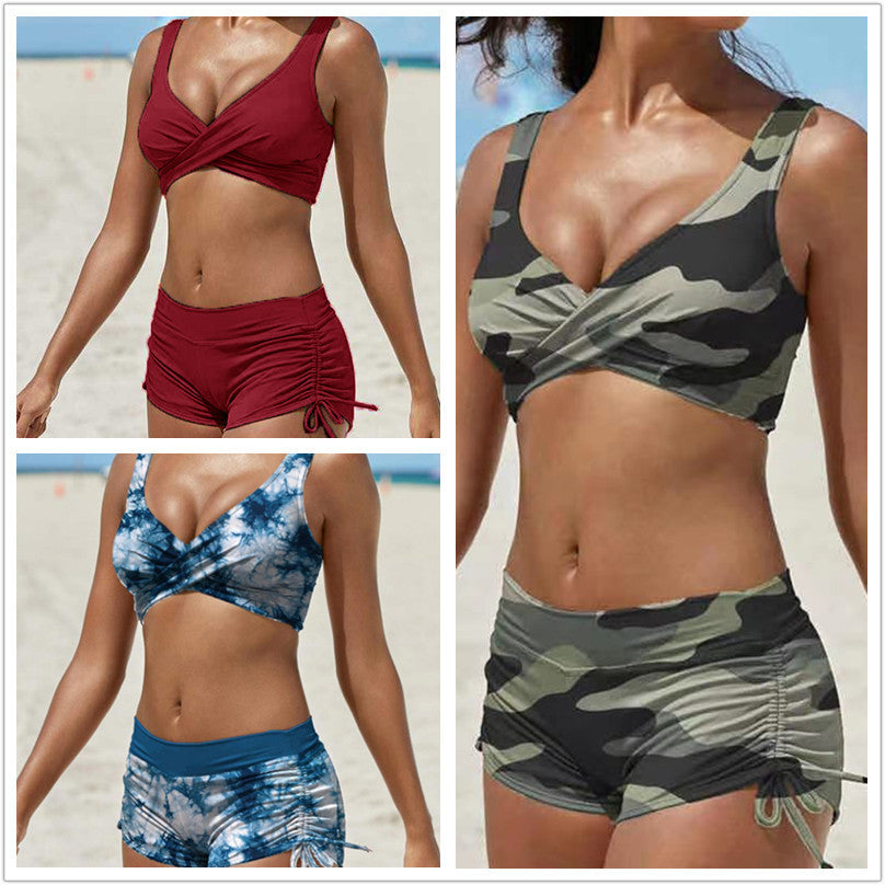 Sportieve camouflage bikini set voor dames met hoge taille, comfortabel en ideaal voor de zomer.