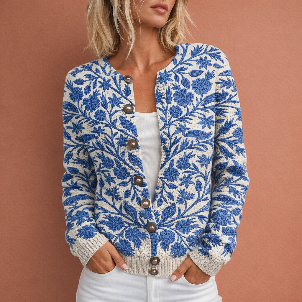 Warm gebreid damesvest met levendig bloemendessin, comfortabele wintermode kleding.