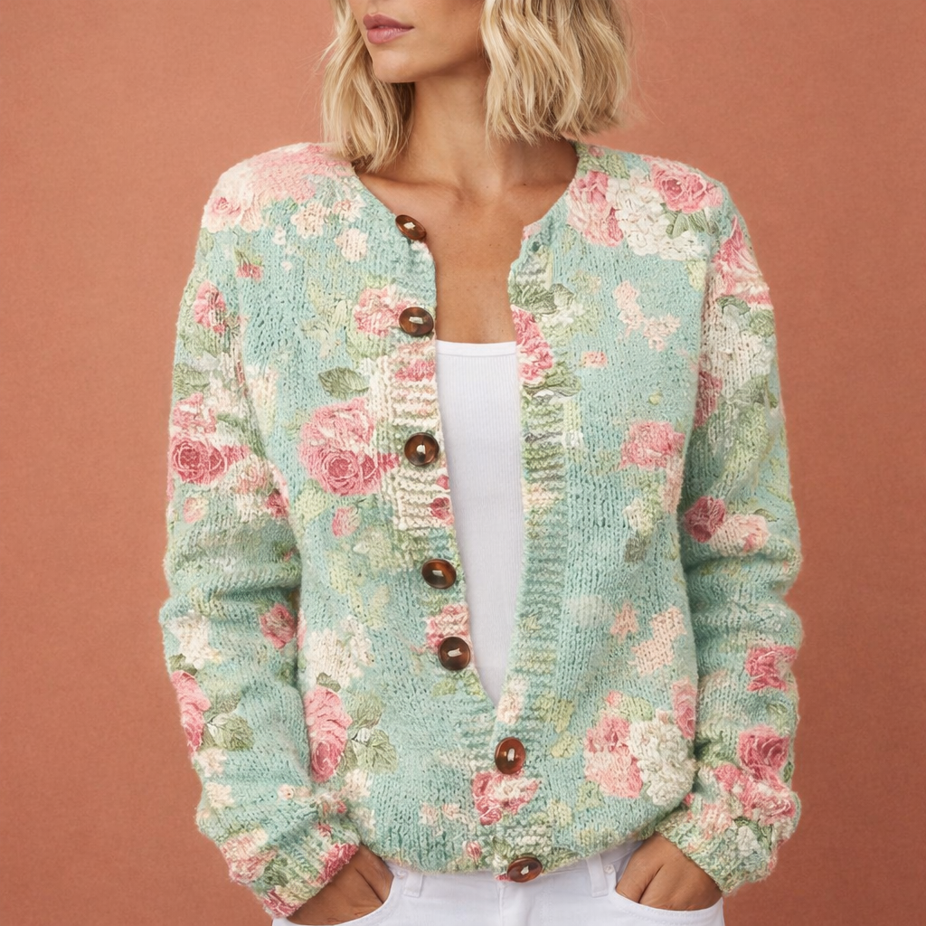 Comfortabele dames cardigan met prachtige bloemen, perfect voor een elegante casual stijl.