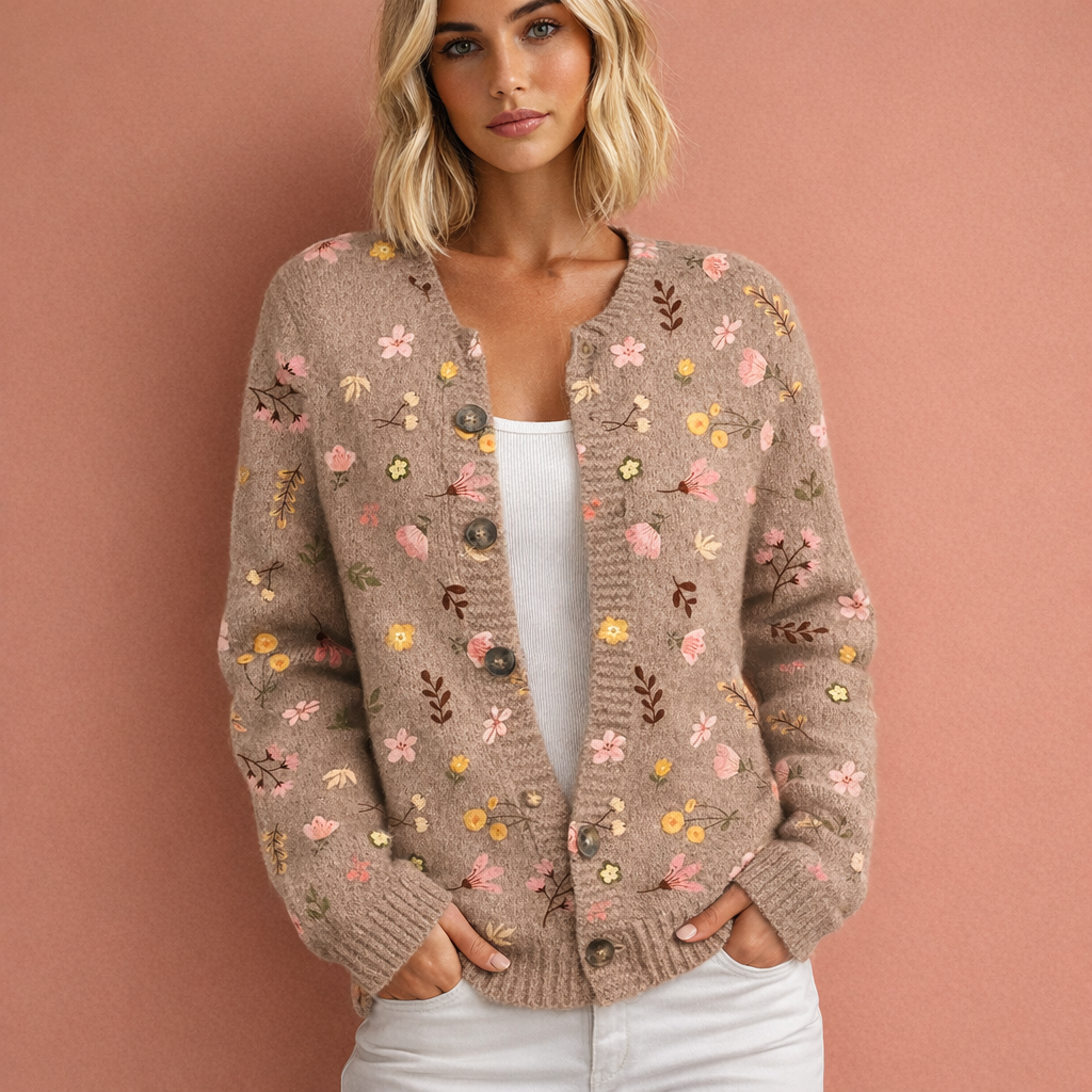Damesvest met uniek bloemenmotief, warm en modieus, een must-have voor de koudere dagen.