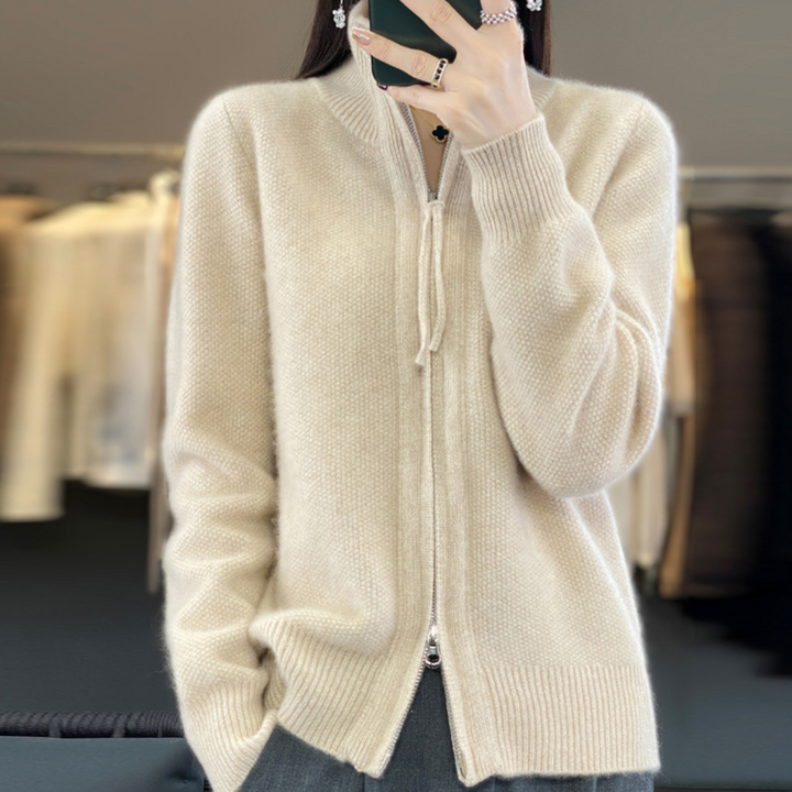 Dames cardigan met rits en geribbelde manchetten, ideaal voor een comfortabele en veelzijdige look.
