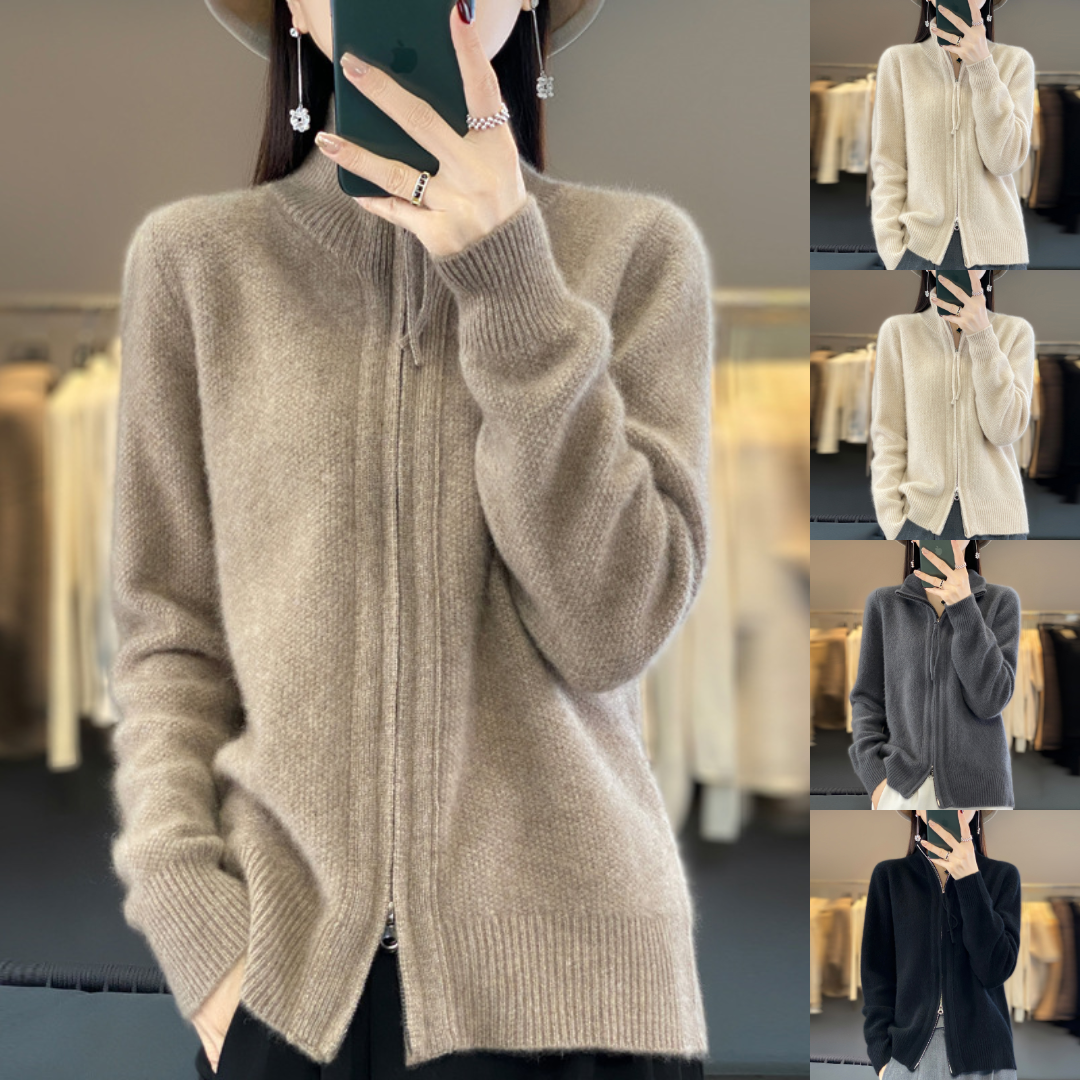 Dames rits cardigan met geribbelde manchetten buiten gedragen, perfecte winter kleding voor casual chic.
