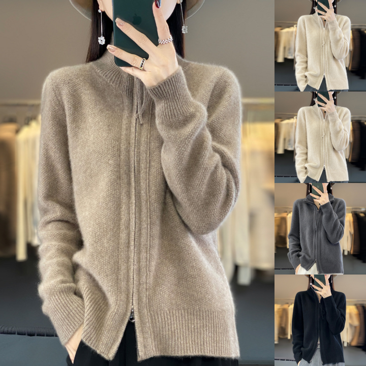 Dames rits cardigan met geribbelde manchetten buiten gedragen, perfecte winter kleding voor casual chic.