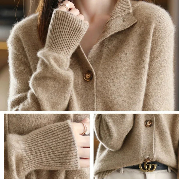 Modieus damesvest met een rij knopen, geschikt als elegante cardigan voor kantoor of casual.