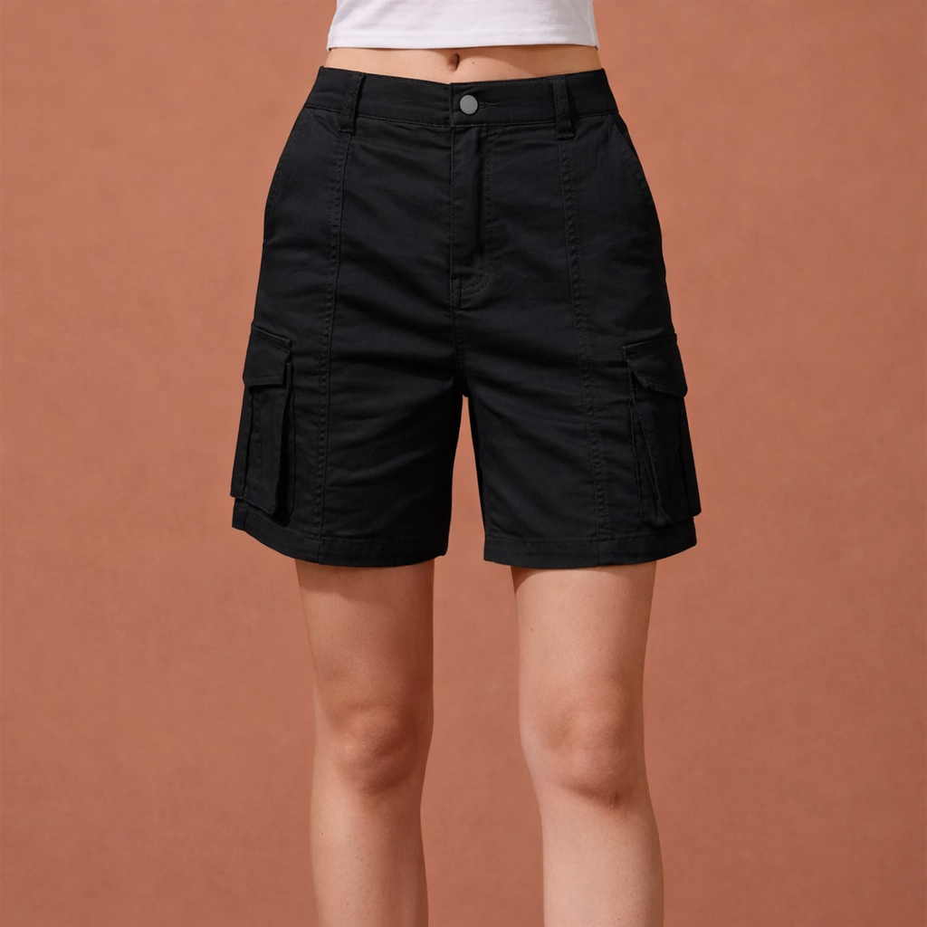 Comfortabele dames korte broek; cargo shorts met elastische tailleband en praktische zijzakken voor vrijetijd.