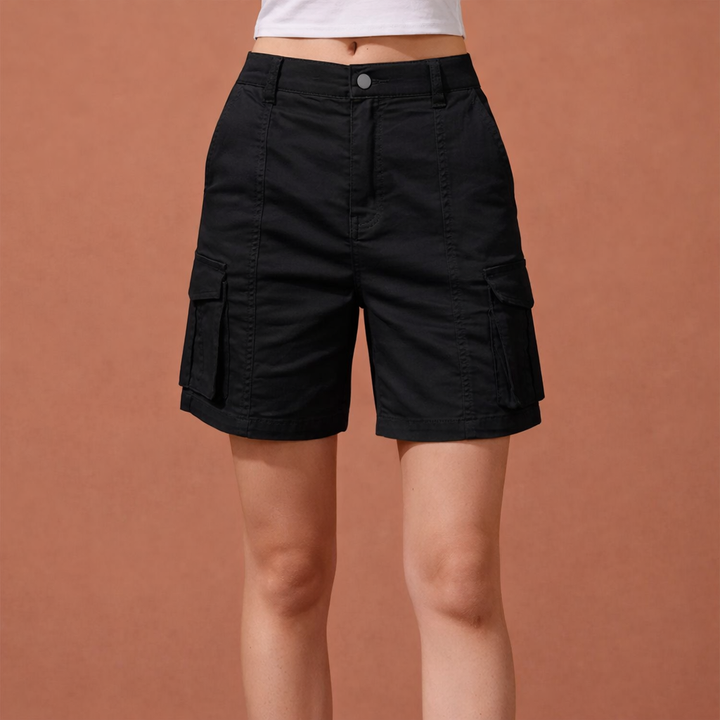 Comfortabele dames korte broek; cargo shorts met elastische tailleband en praktische zijzakken voor vrijetijd.