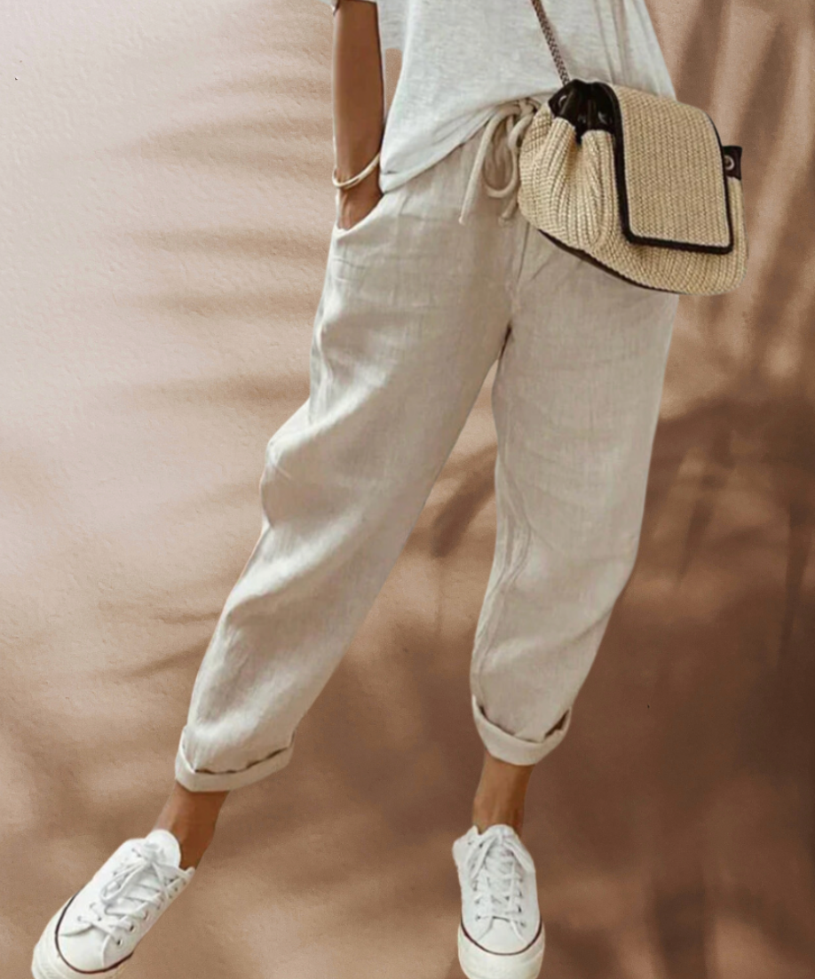 Dames casual linnen zomerbroek, comfortabel en modieus, perfect voor warme dagen.