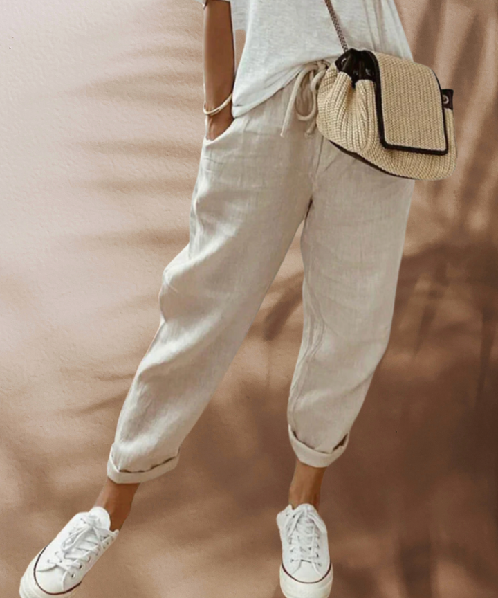 Dames casual linnen zomerbroek, comfortabel en modieus, perfect voor warme dagen.