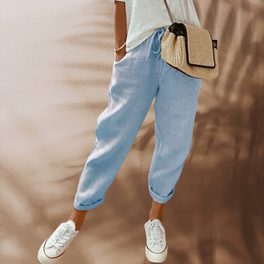 Luchtige dames zomerbroek in linnenlook, ideaal voor een casual of elegante zomeroutfit.