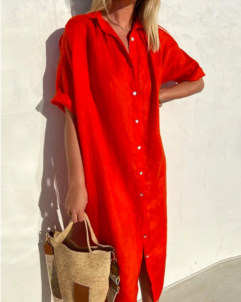 Dames casual midi blouse jurk. Comfortabele zomerjurk met tijdloze stijl en flatterende pasvorm.