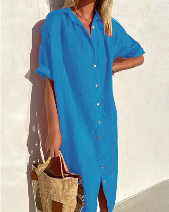 Veelzijdige dames blouse jurk. Casual midi jurk voor zomer, lente. Vrouwen mode met tijdloze allure.