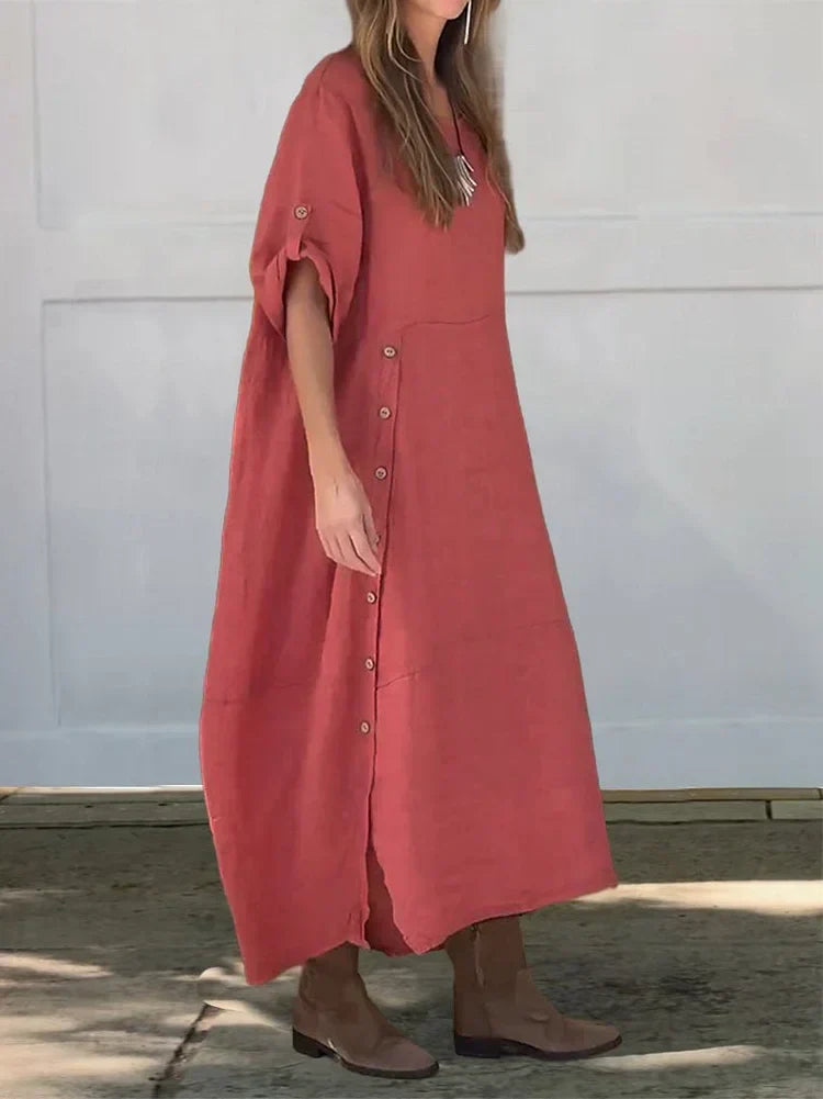 Comfortabele midi damesjurk in blouse stijl, perfect als veelzijdige zomerjurk met losse pasvorm.