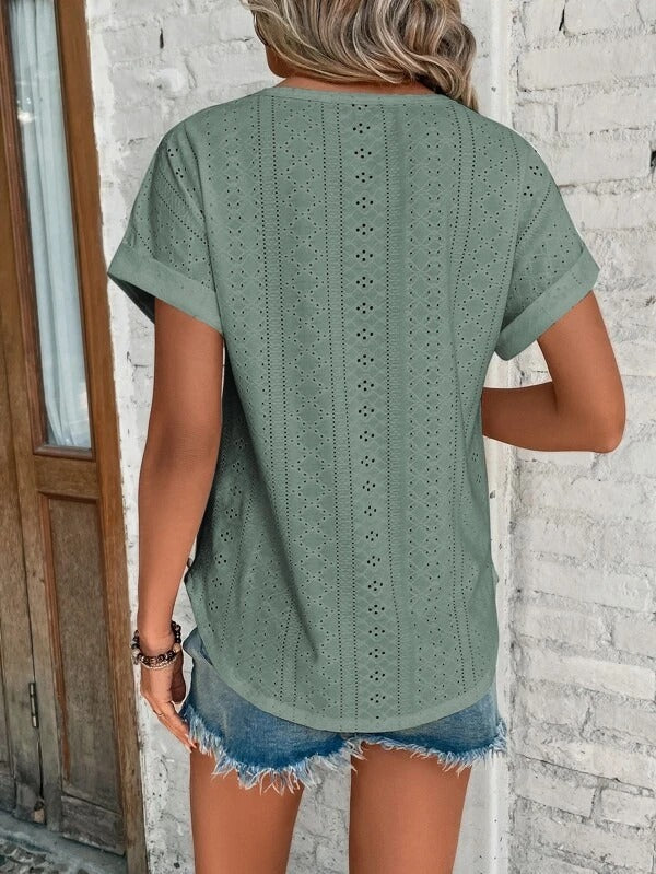 Dames casual T-shirt met oogjes design, ideaal voor dagelijkse stijl en comfortabele zomeroutfits.