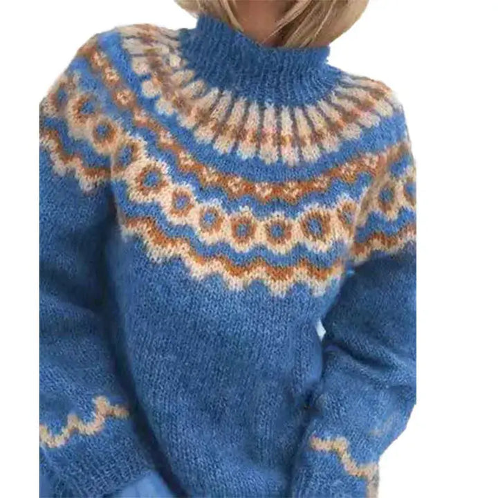 Vrouwen mode: gezellige coltrui met gedetailleerd Noors breipatroon. Een comfortabele en stijlvolle wintertrui.