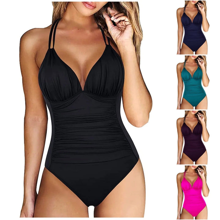 Dames corrigerend badpak met V-hals en push-up bikinitop. Perfecte zwemkleding voor de zomer en strand.