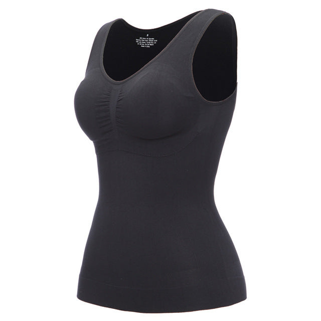 Zwarte corrigerende tanktop met ingebouwde BH voor een gladde lijn.