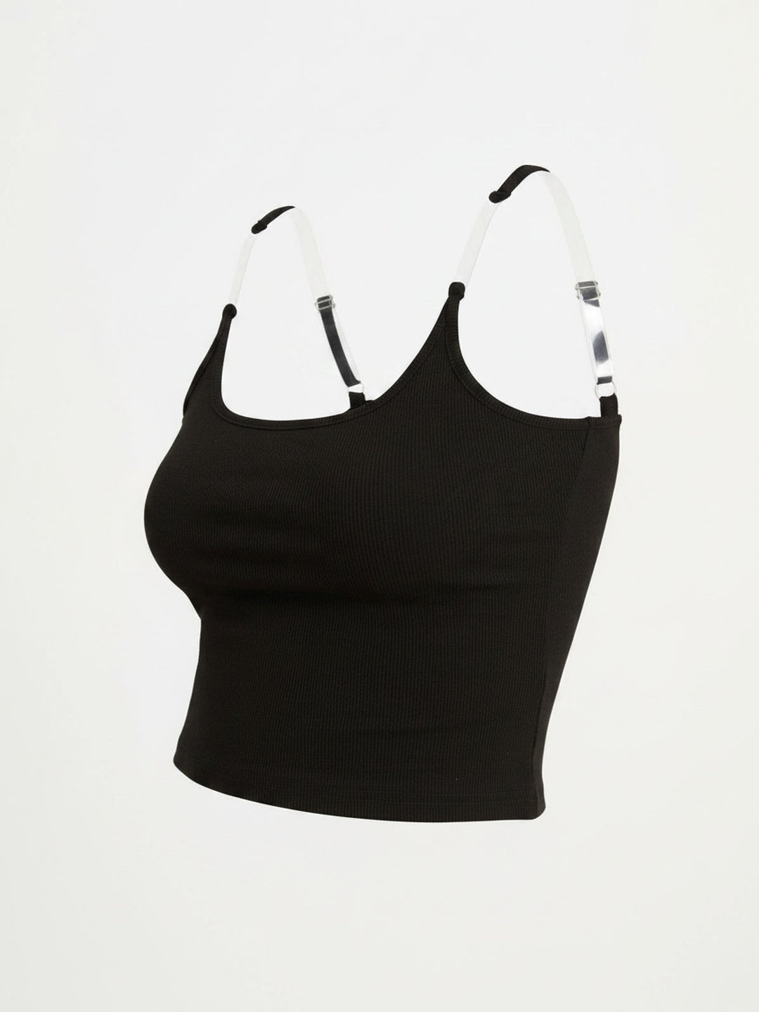 Dames crop top mouwloos met transparante bandjes, slim fit en ronde hals, trendy basisstuk voor de zomer.