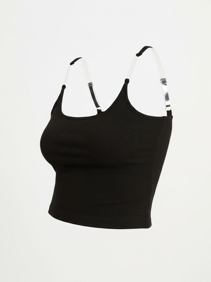 Dames crop top mouwloos met transparante bandjes, slim fit en ronde hals, trendy basisstuk voor de zomer.
