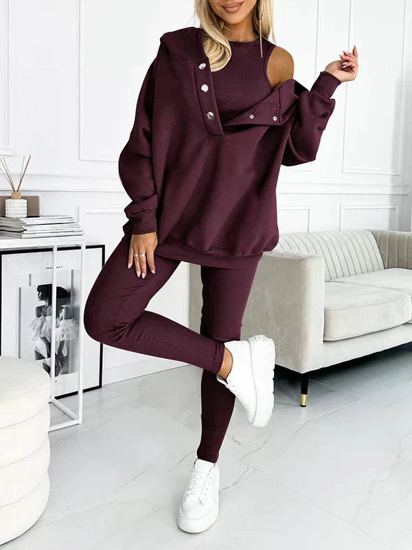 Moderne dames relaxset: zachte oversized hoodie, basic top & stretch leggings voor ultiem comfort.