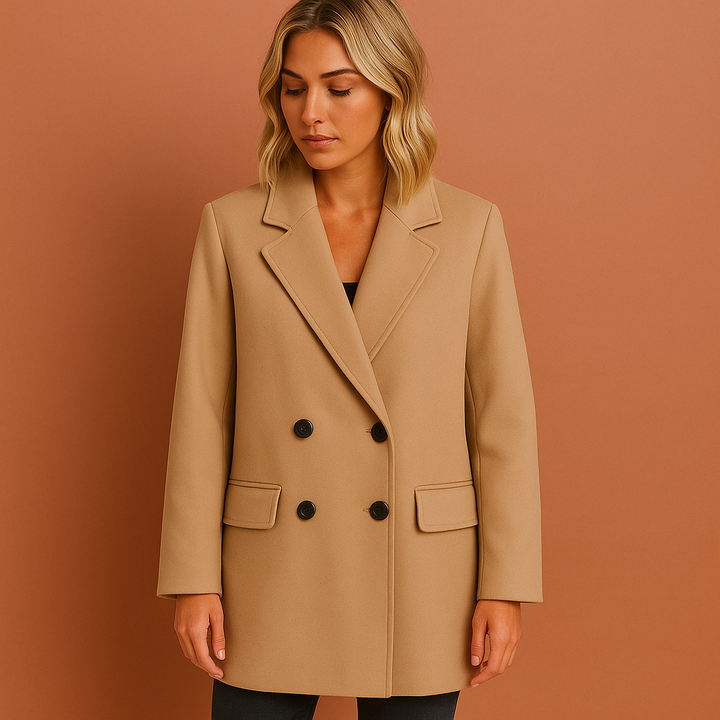Klassieke lange damesjas, dubbel geknoopte mantel; elegante en warme herfst/winter bovenkleding.
