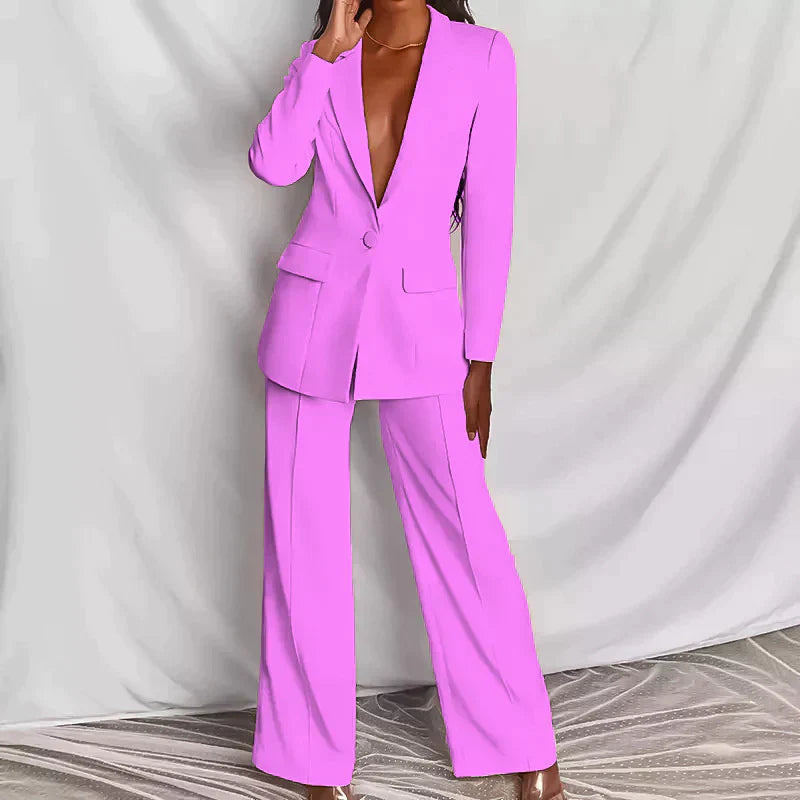 Dames elegante anzug set met stijlvolle blazer en bijpassende pantalon, ideaal voor zakelijke en formele gelegenheden.