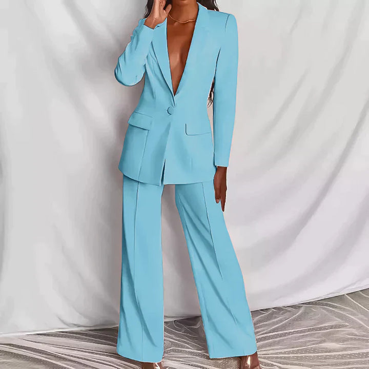 Dames comfortabel pak: elegant colbert en broek in een modieuze anzug set, ideaal voor elke gelegenheid.