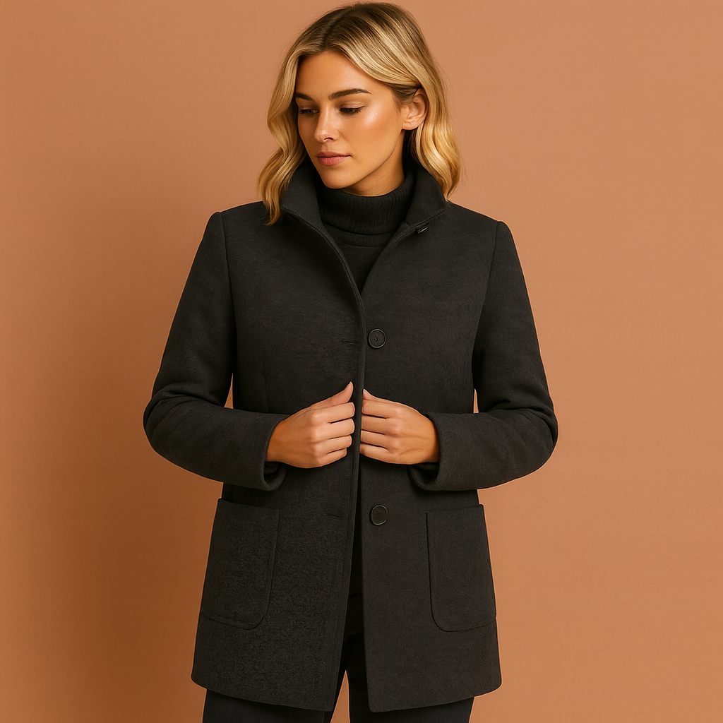 Stijlvolle lange dames manteljas met knoopsluiting. Een tijdloze klassieke jas voor herfst en winter.