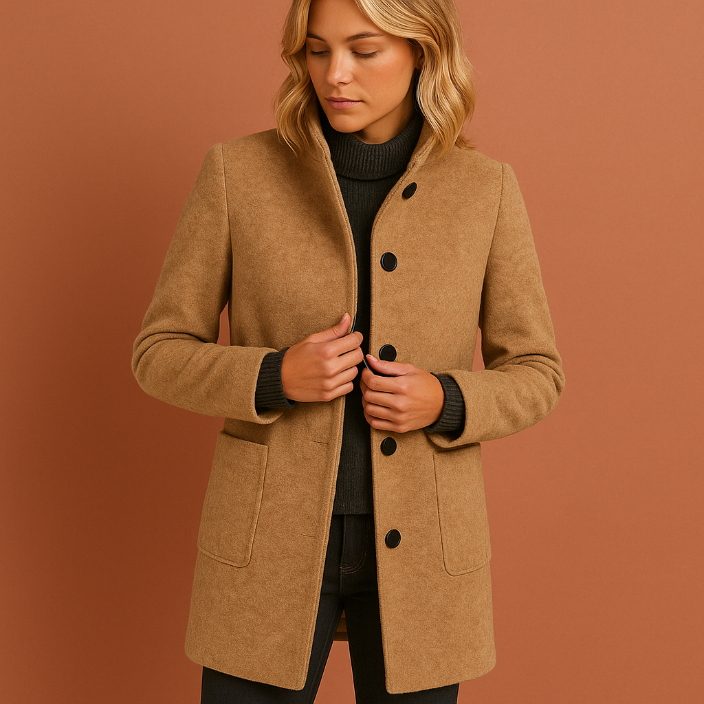 Lange dames elegante winterjas met knoopsluiting. Comfortabele en stijlvolle manteljas voor koudere dagen.