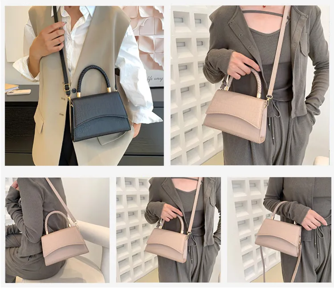 Khaki dameshandtas van PU-leer, elegant en praktisch. Draagbaar als schouder- of crossbodytas.