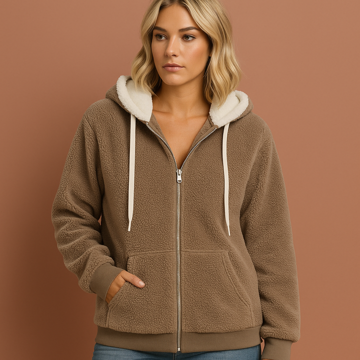 Comfortabele dames ritshoodie van teddy stof, perfect voor ontspanning, trendy mode vest.