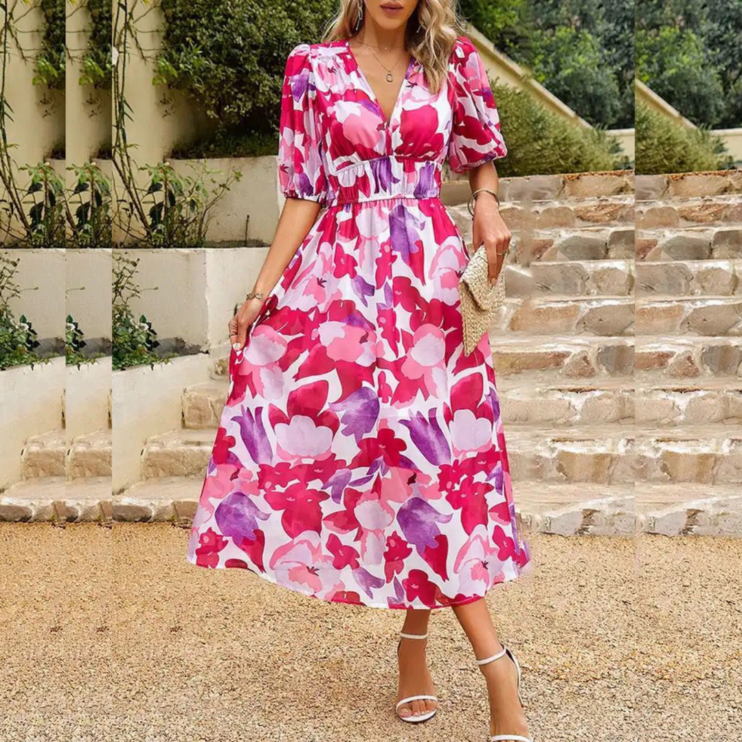 Flatterende midi damesjurk met V-hals, perfect voor zomerse gelegenheden.