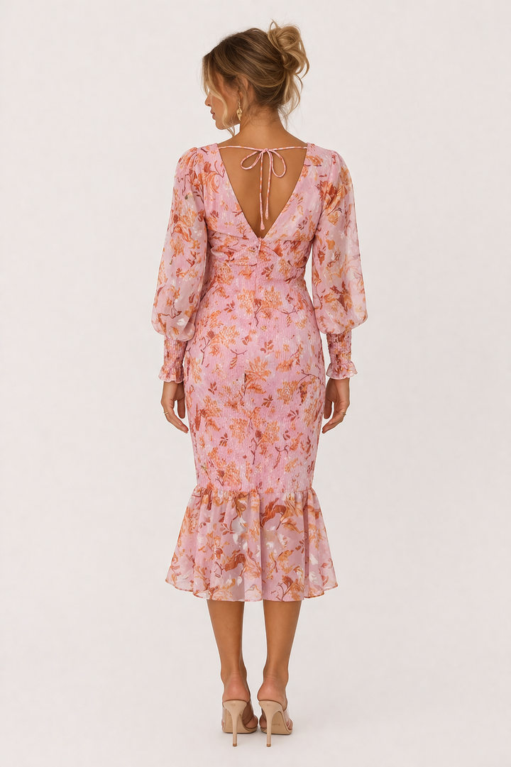 Midi-jurk met sierlijke bloemen en V-hals, een comfortabele en modieuze dames jurk voor elke dag.