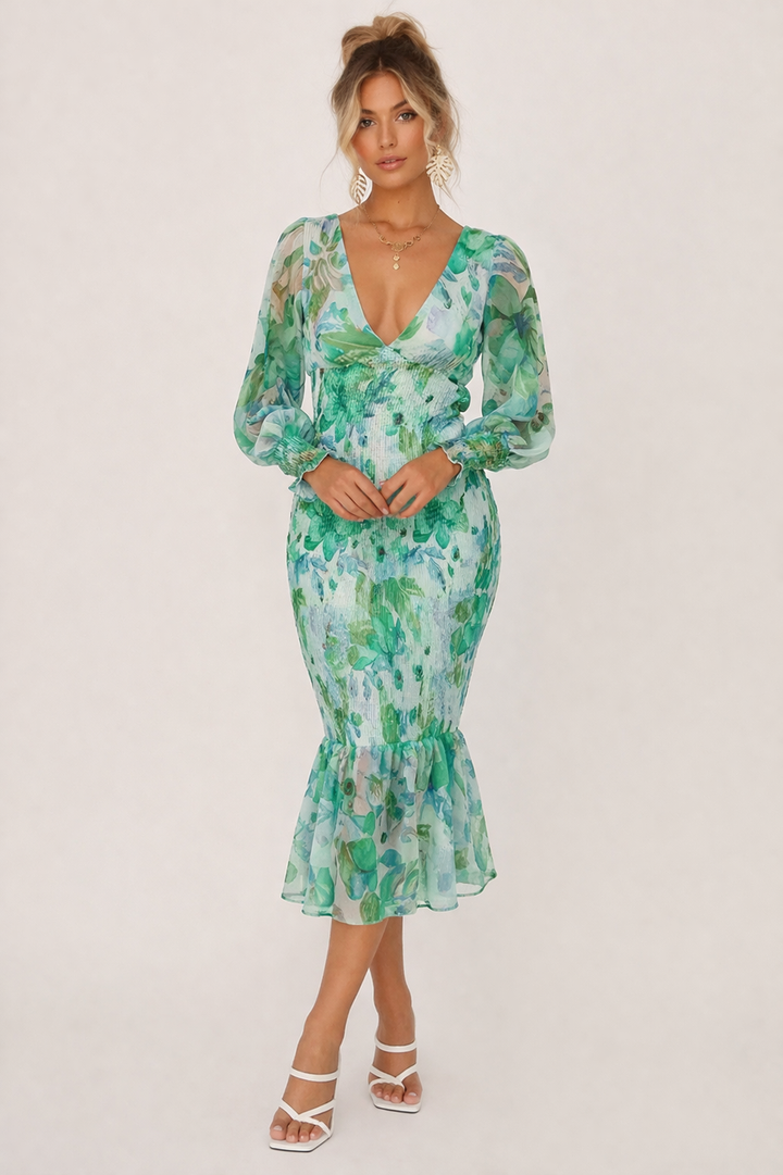 Prachtige dames feestjurk: bloemenprint midi-jurk met V-hals, verkrijgbaar in roze en groen.