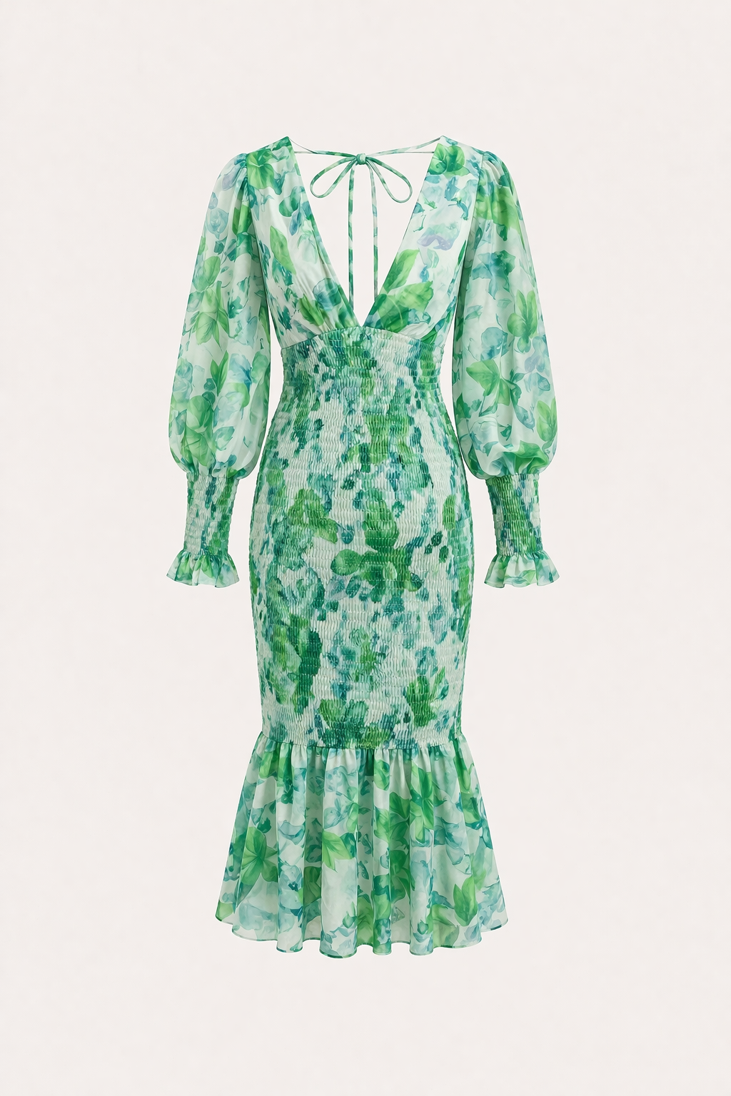 Stijlvolle gebloemde midi-jurk met diepe V-hals, perfect voor een elegante dames zomerstijl of feest.