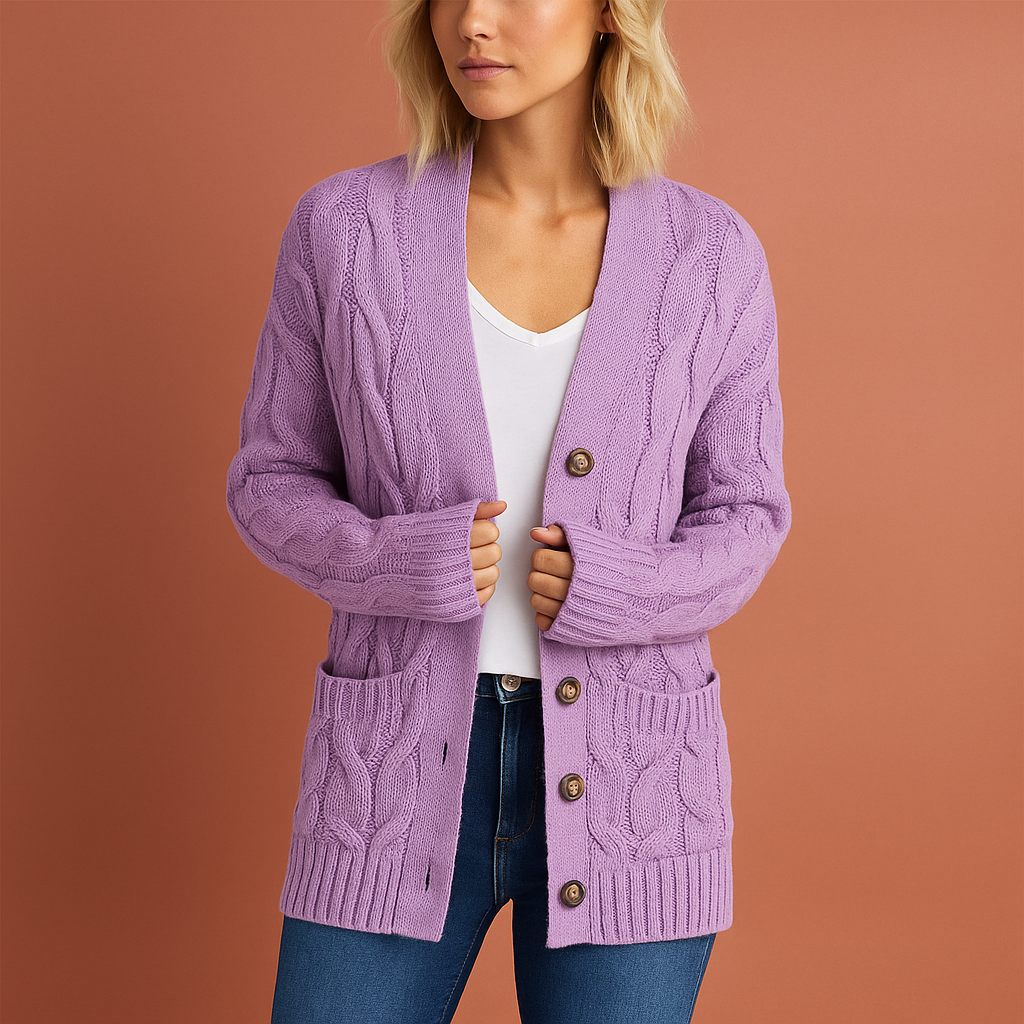 Dames gebreid vest met stijlvolle voorzakken, comfortabel en warm voor casual herfst- en winteroutfits.