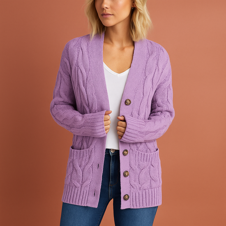 Dames gebreid vest met stijlvolle voorzakken, comfortabel en warm voor casual herfst- en winteroutfits.