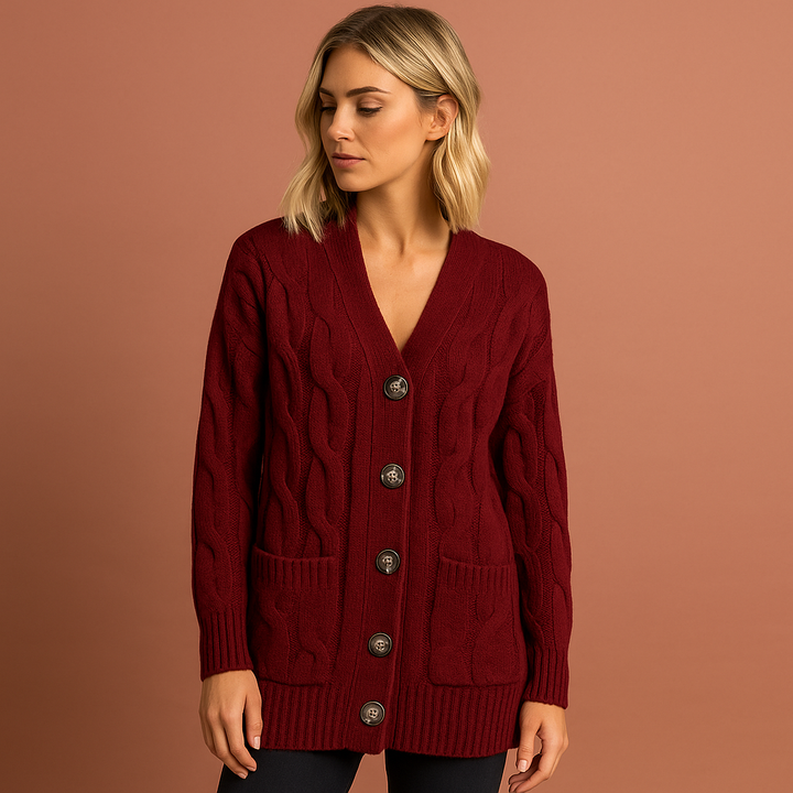 Warm gebreid damesvest, essentieel item met praktische voorzakken, voor een comfortabele en stijlvolle winterkleding.