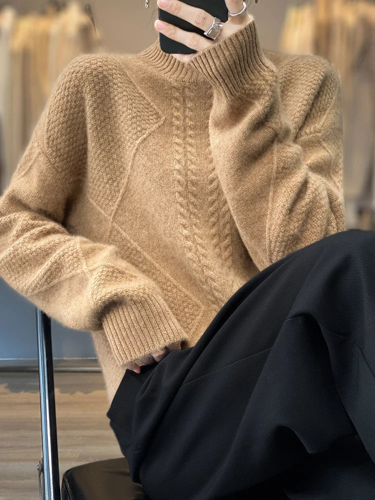 Warme gebreide dames coltrui met uniek kabelpatroon, essentieel voor comfortabele herfstmode.