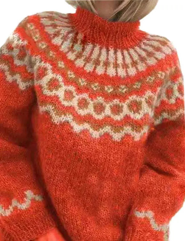 Comfortabele dames wintertrui met coltrui en trendy Scandinavisch gebreid patroon, relaxte pasvorm.