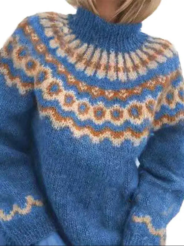 Vrouwen gebreide coltrui met authentiek Scandinavisch patroon, ideaal als warme en comfortabele wintertrui.